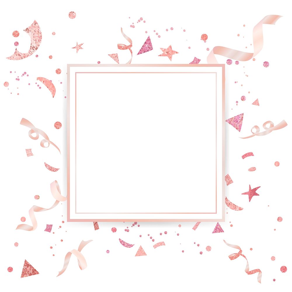 Blank rose pink confetti golden square badge vector