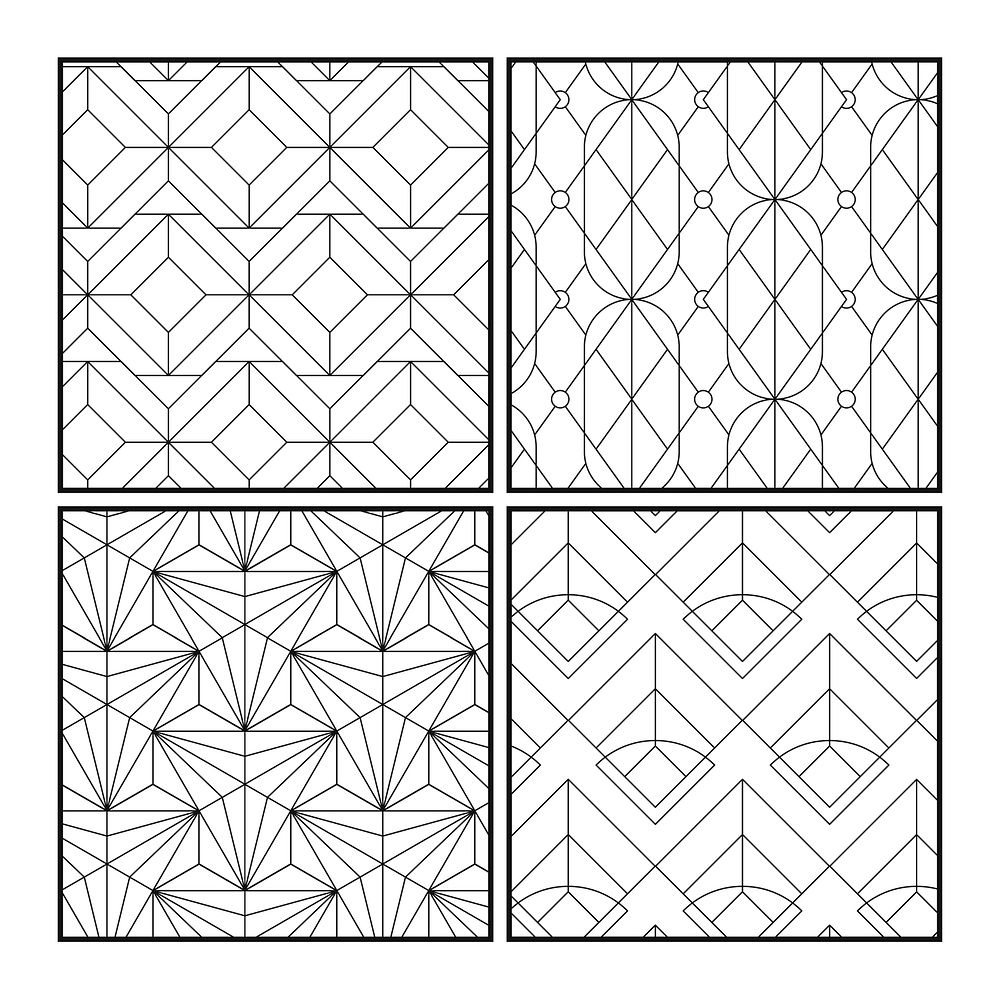 Black geometric seamless patterns set on white background