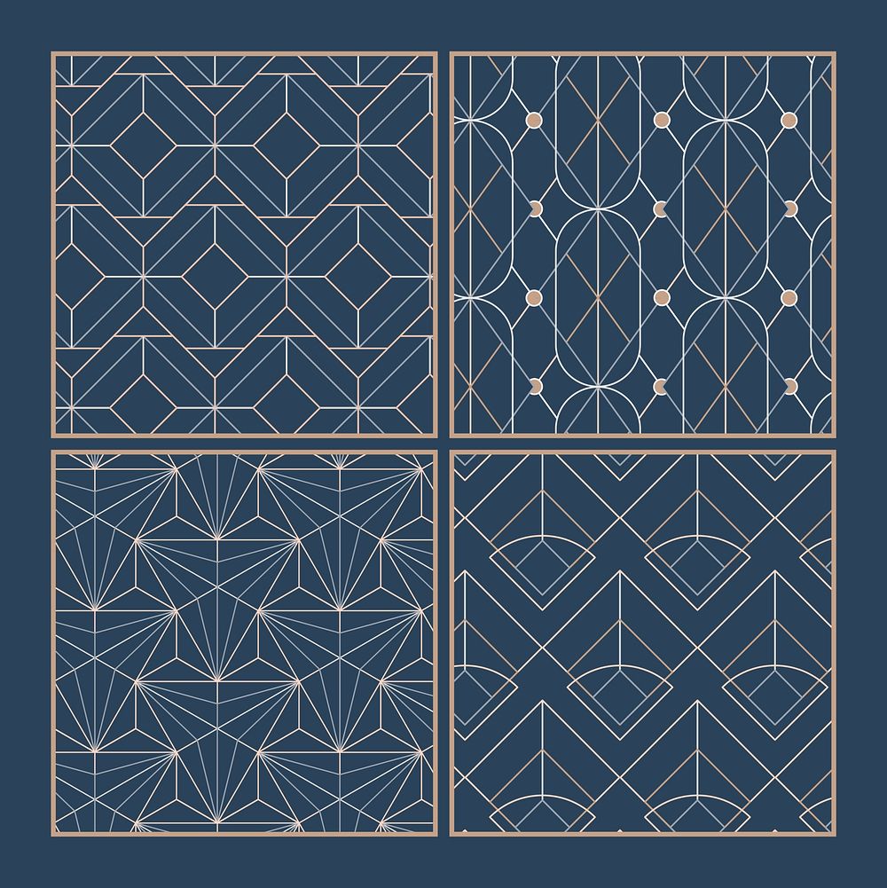 White geometric seamless patterns set on blue background