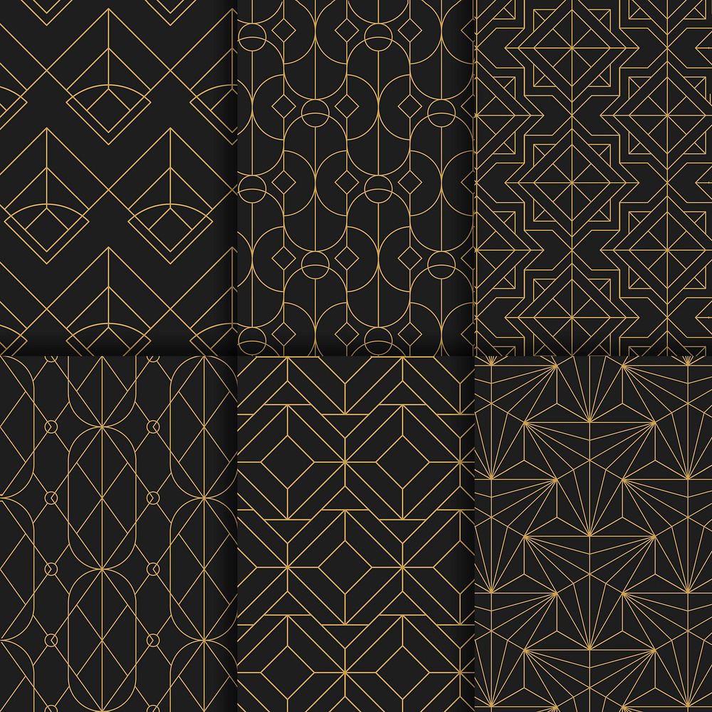 Golden geometric seamless patterns set on black background