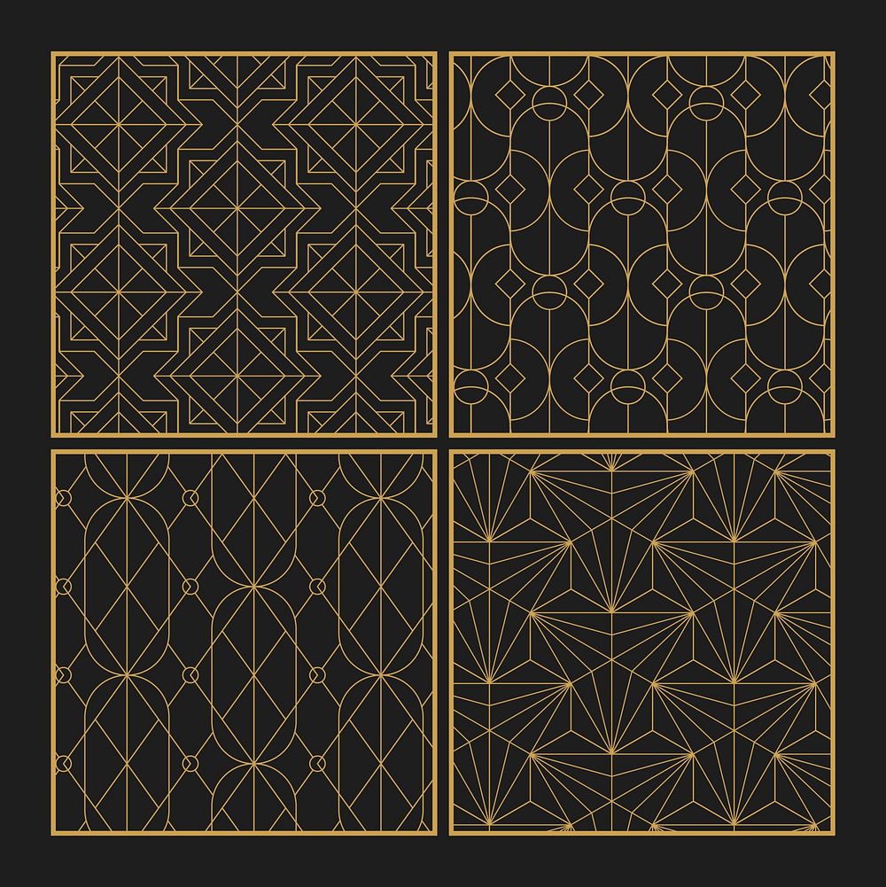 Golden geometric seamless patterns set on black background