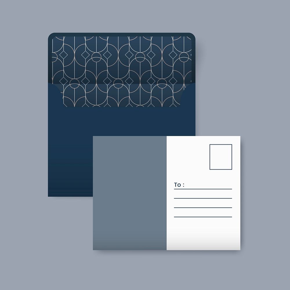 Blue and white postcard with a golden geometric pattern on a navy blue envelope vector
