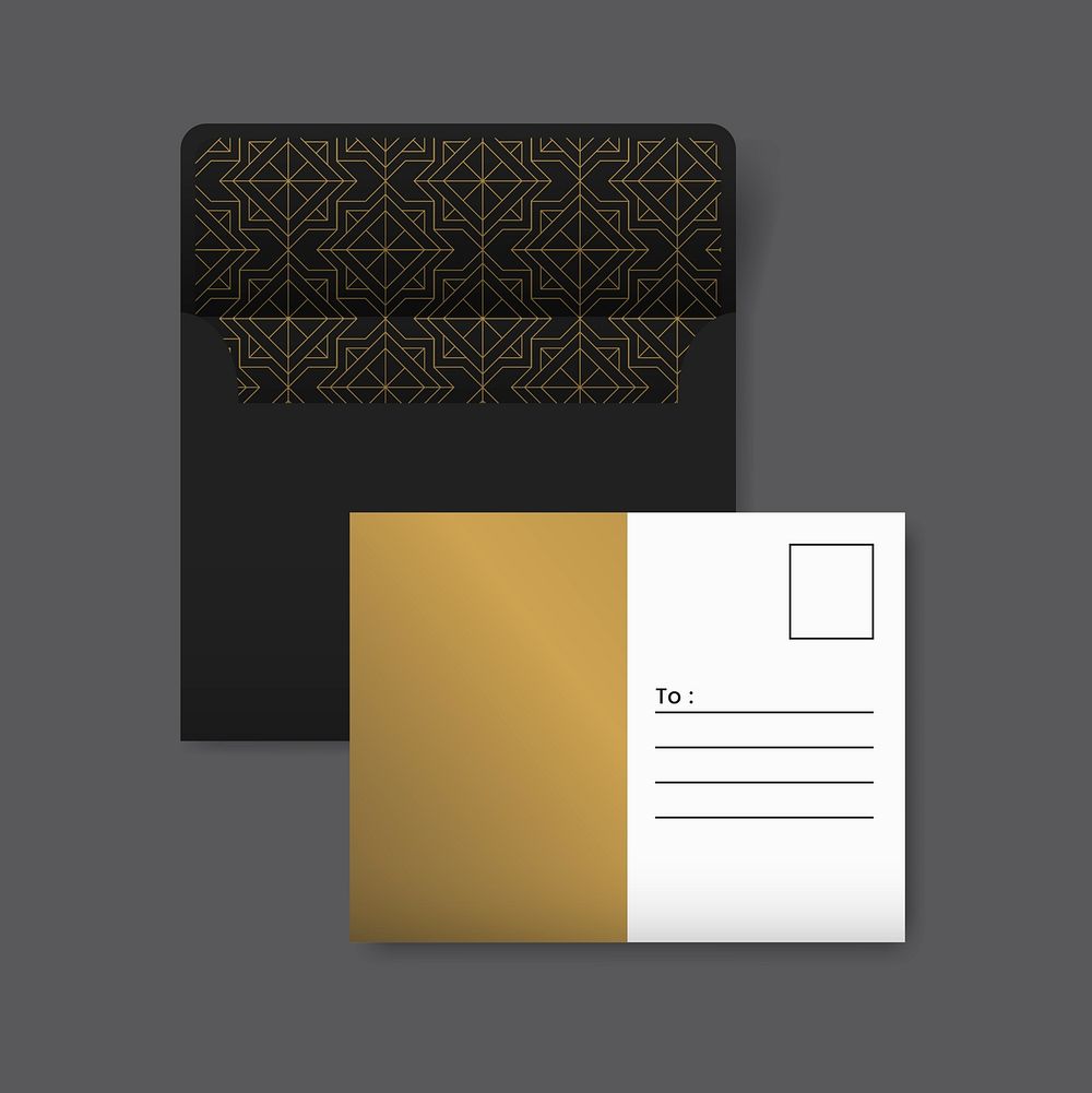 Golden and white postcard with a golden geometric pattern on black envelope vector