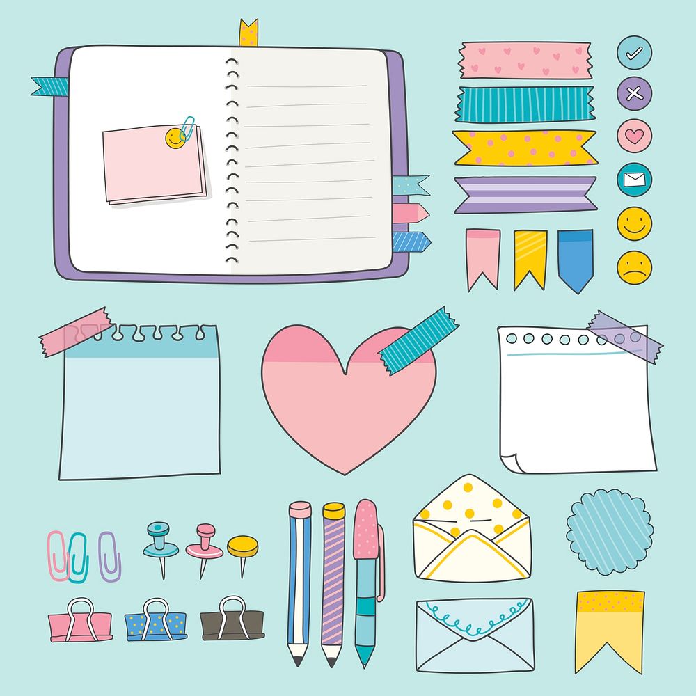 Note papers and office supplies doodle vector set