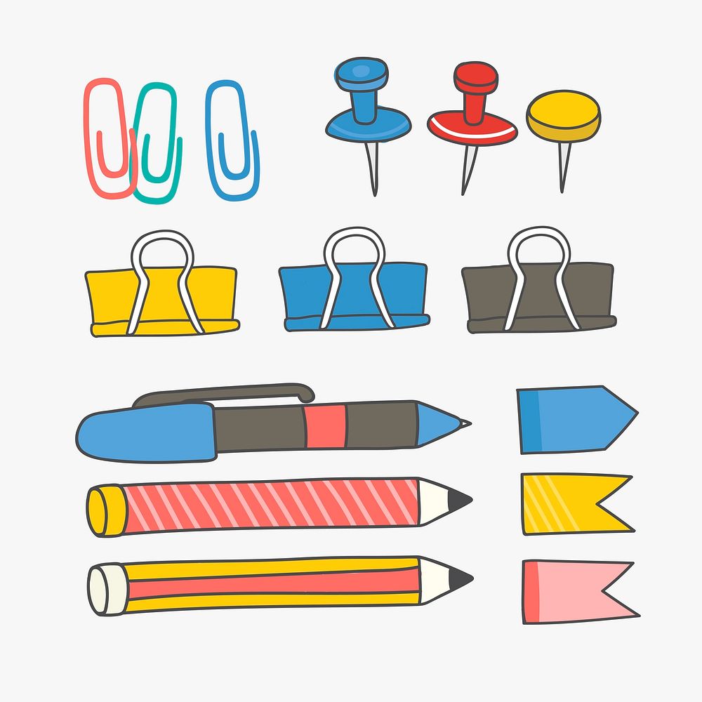 Paper clips and pens doodle vector set
