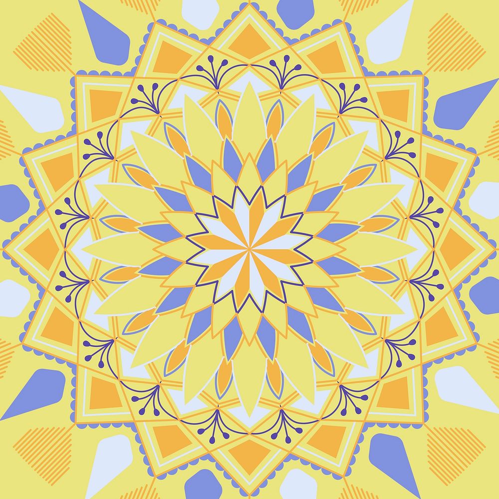 Yellow and blue mandala pattern on white background