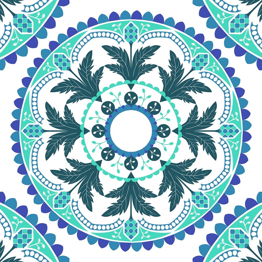Green and blue mandala pattern on white background