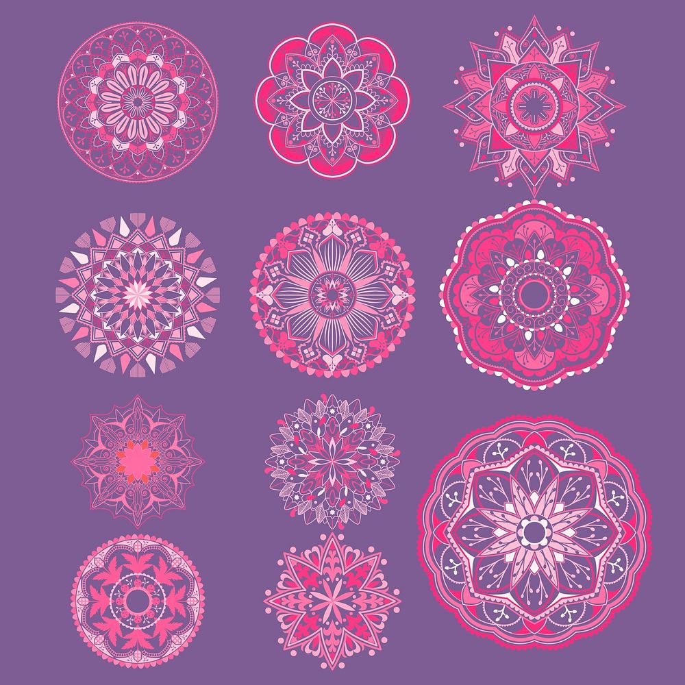 Pink mandala patterns set on purple background
