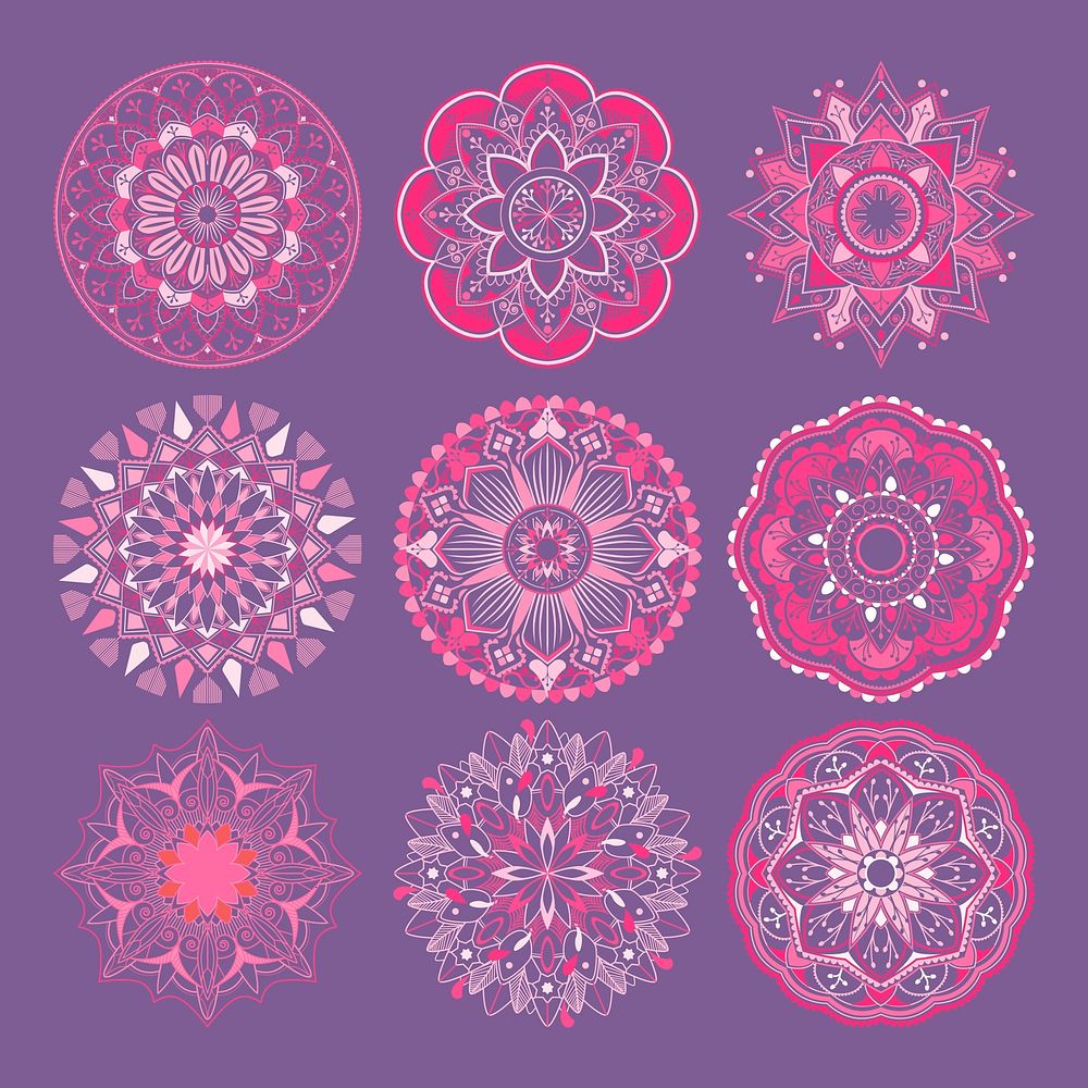 Pink mandala patterns set on purple background