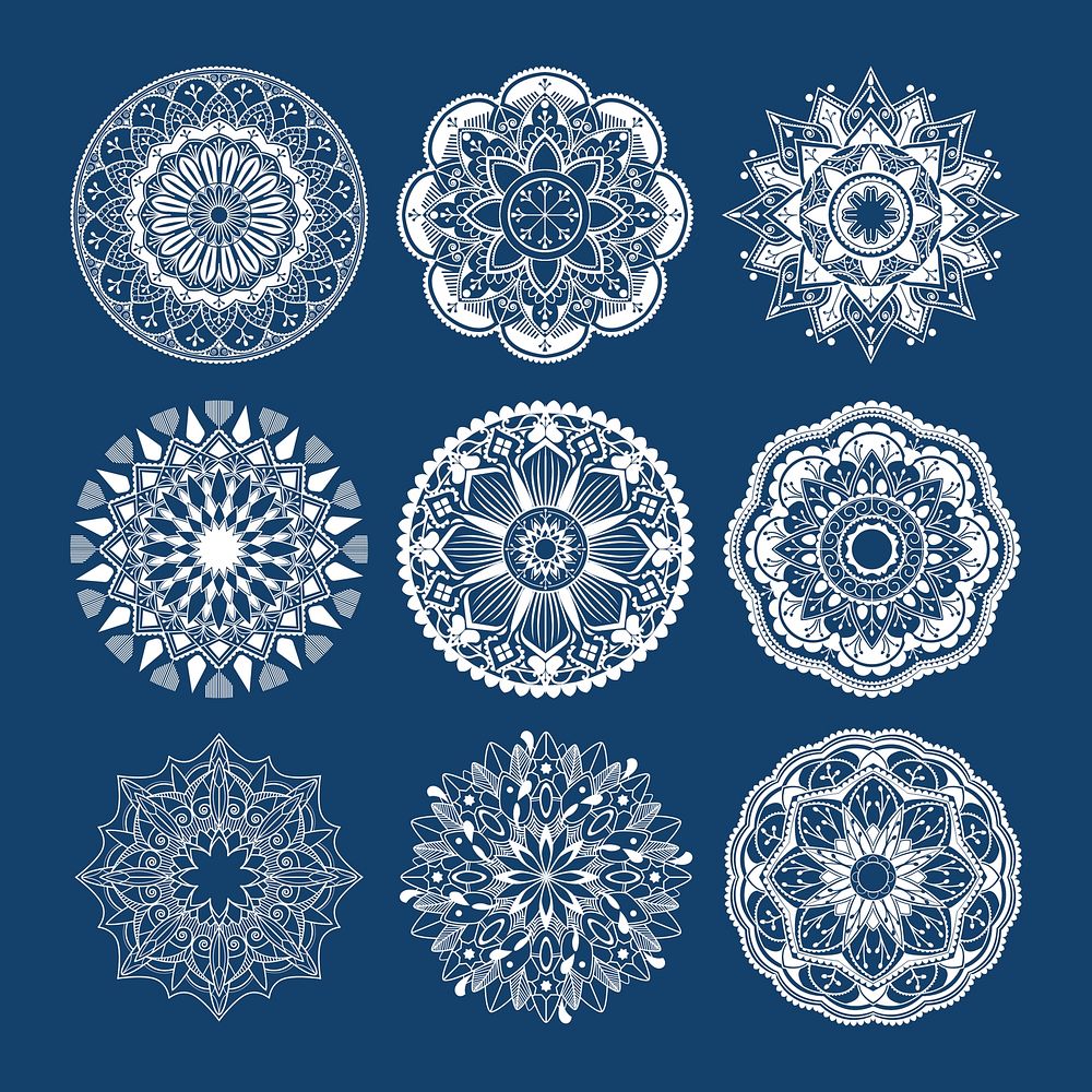 White mandala patterns set on blue background