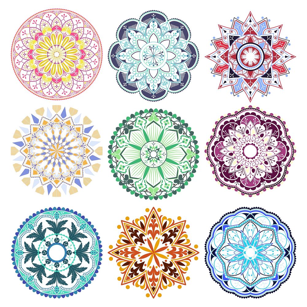 Colorful mandala patterns set on white background