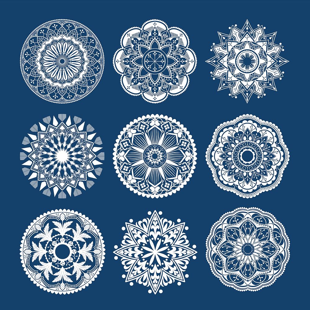 White mandala patterns set on blue background