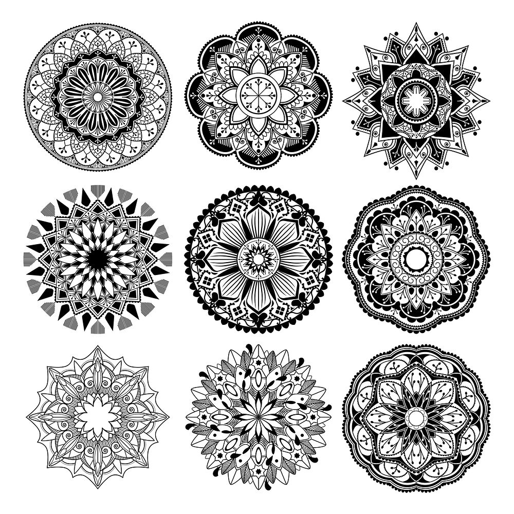 Black mandalas patterns set on white background