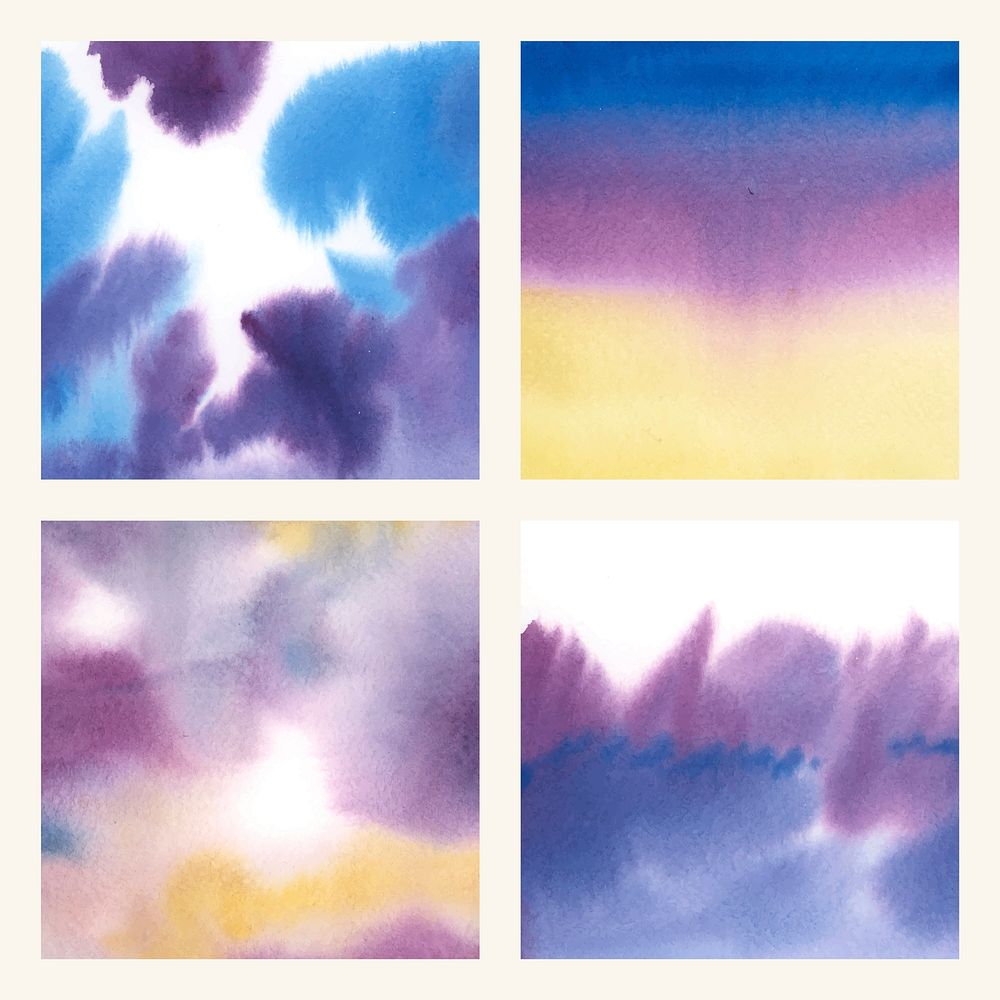 Abstract blue and purple watercolor stain texture set