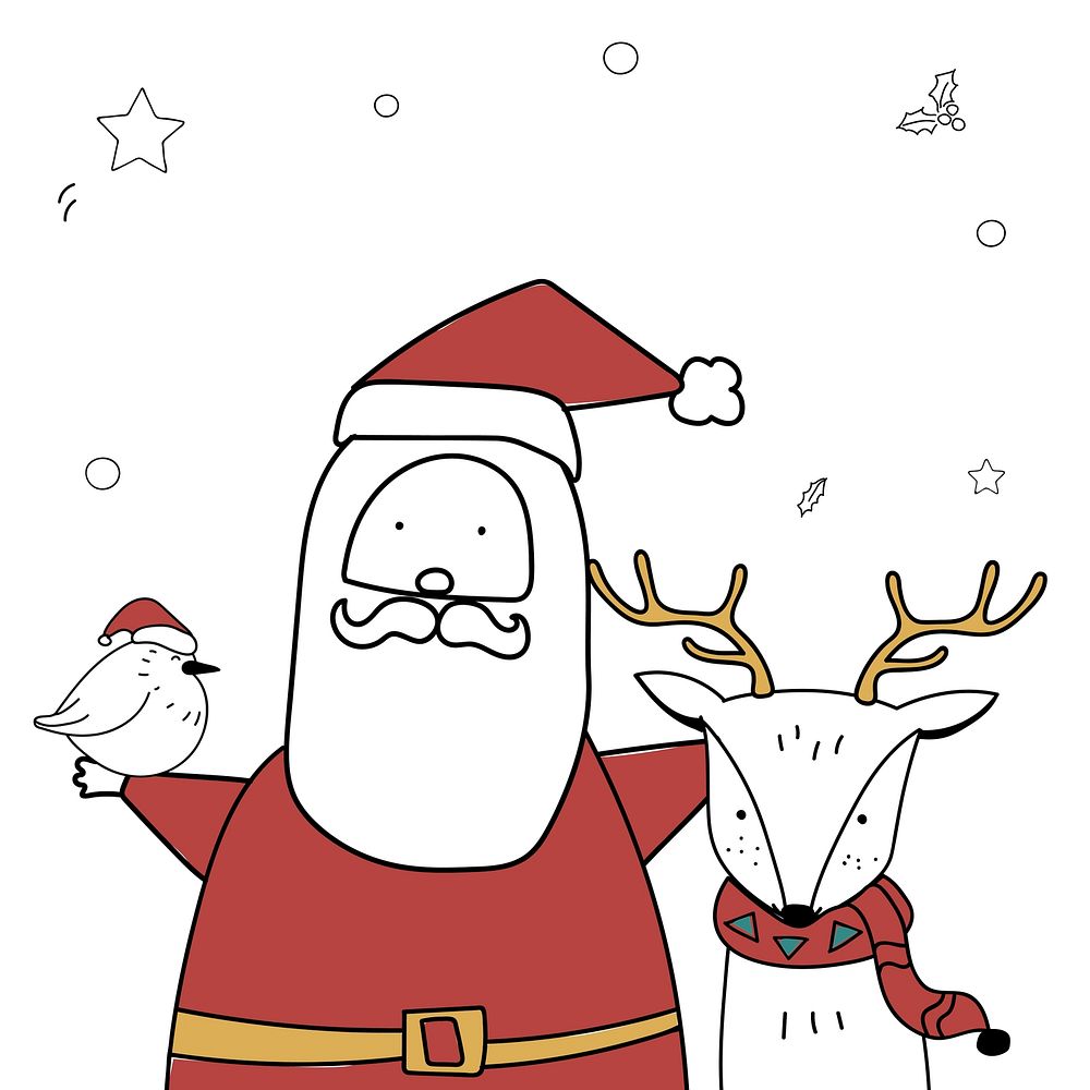 Hand drawn Santa Claus and animals enjoying a Christmas holiday