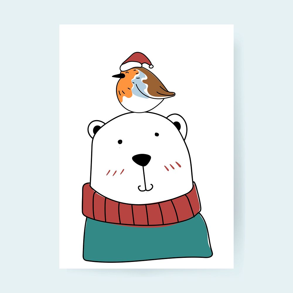 Hand drawn a bear and a bird enjoying a Christmas holiday