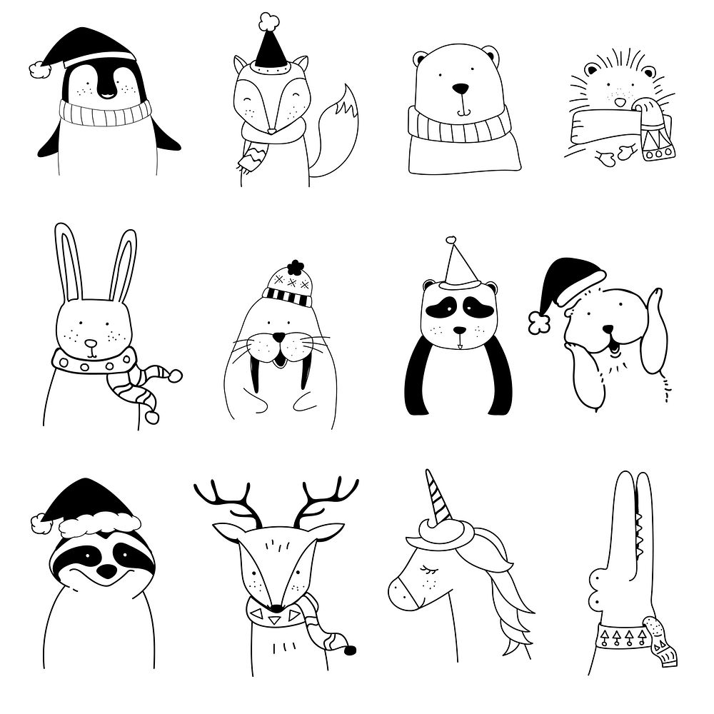 Hand drawn animals enjoying a Christmas holiday