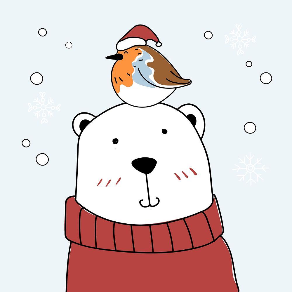 Hand drawn a bear and a bird enjoying a Christmas holiday