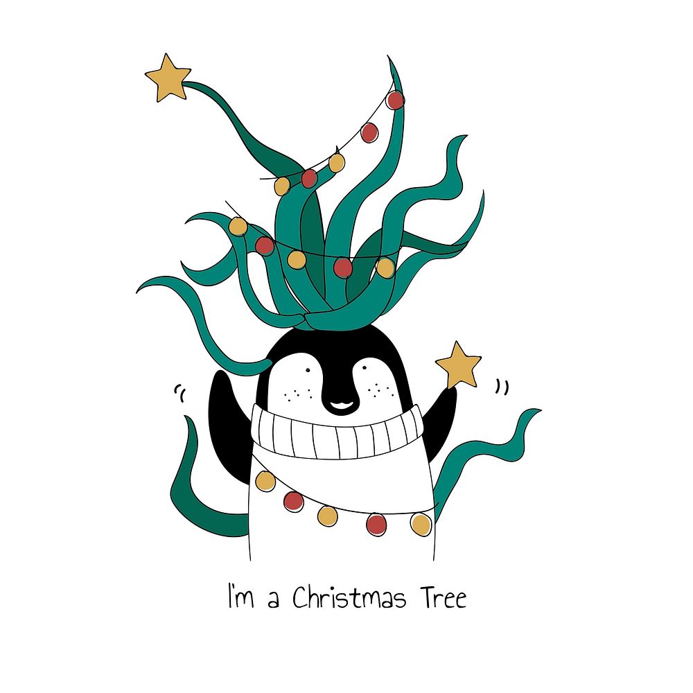Hand drawn playful penguin dressed as a Christmas tree