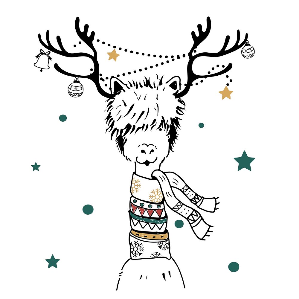 Hand drawn reindeer alpaca enjoying a Christmas holiday