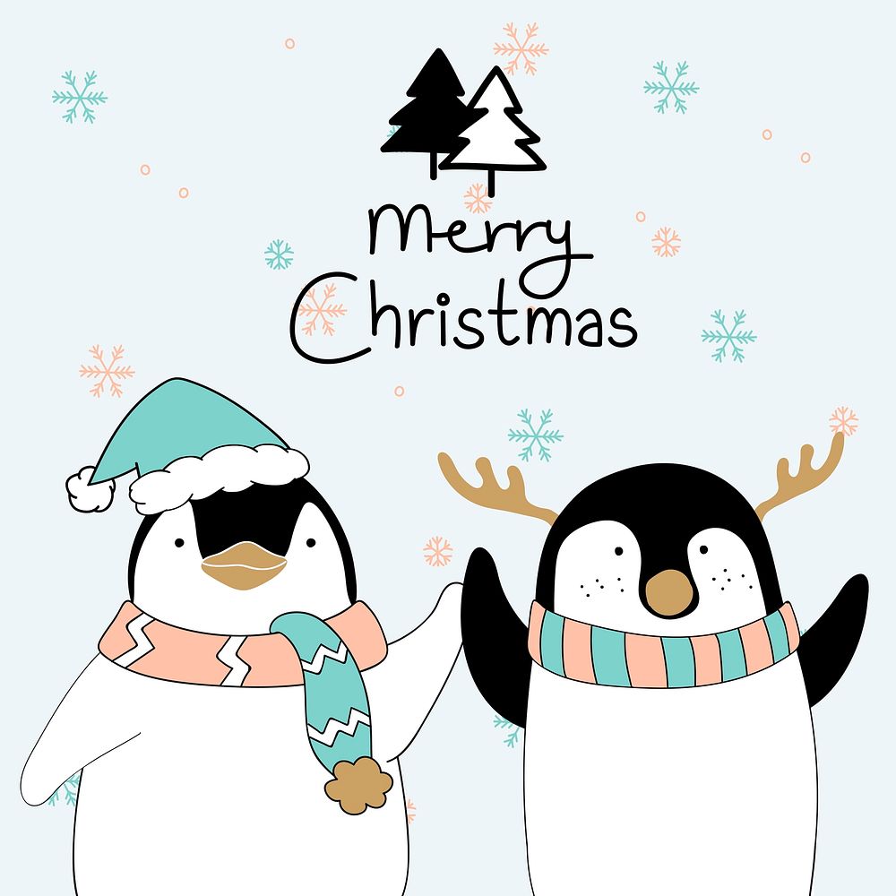 Hand drawn penguins wishing a Merry Christmas