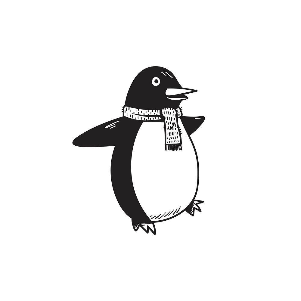 Hand drawn penguin wearing a scarf Christmast doodle style