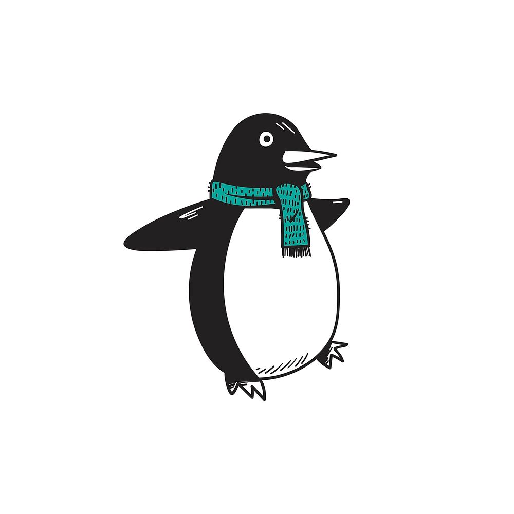 Hand drawn penguin wearing a scarf Christmast doodle style