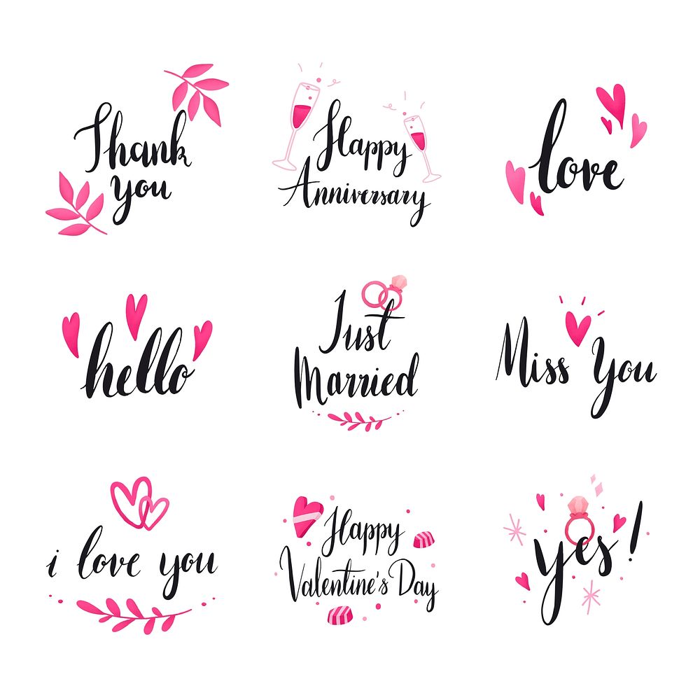 Set of wedding and love typography vectors