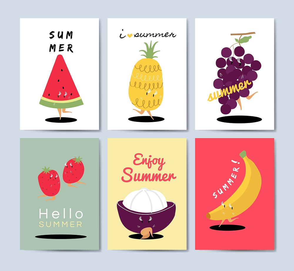 Tropical fruit cartoons greeting card vector set