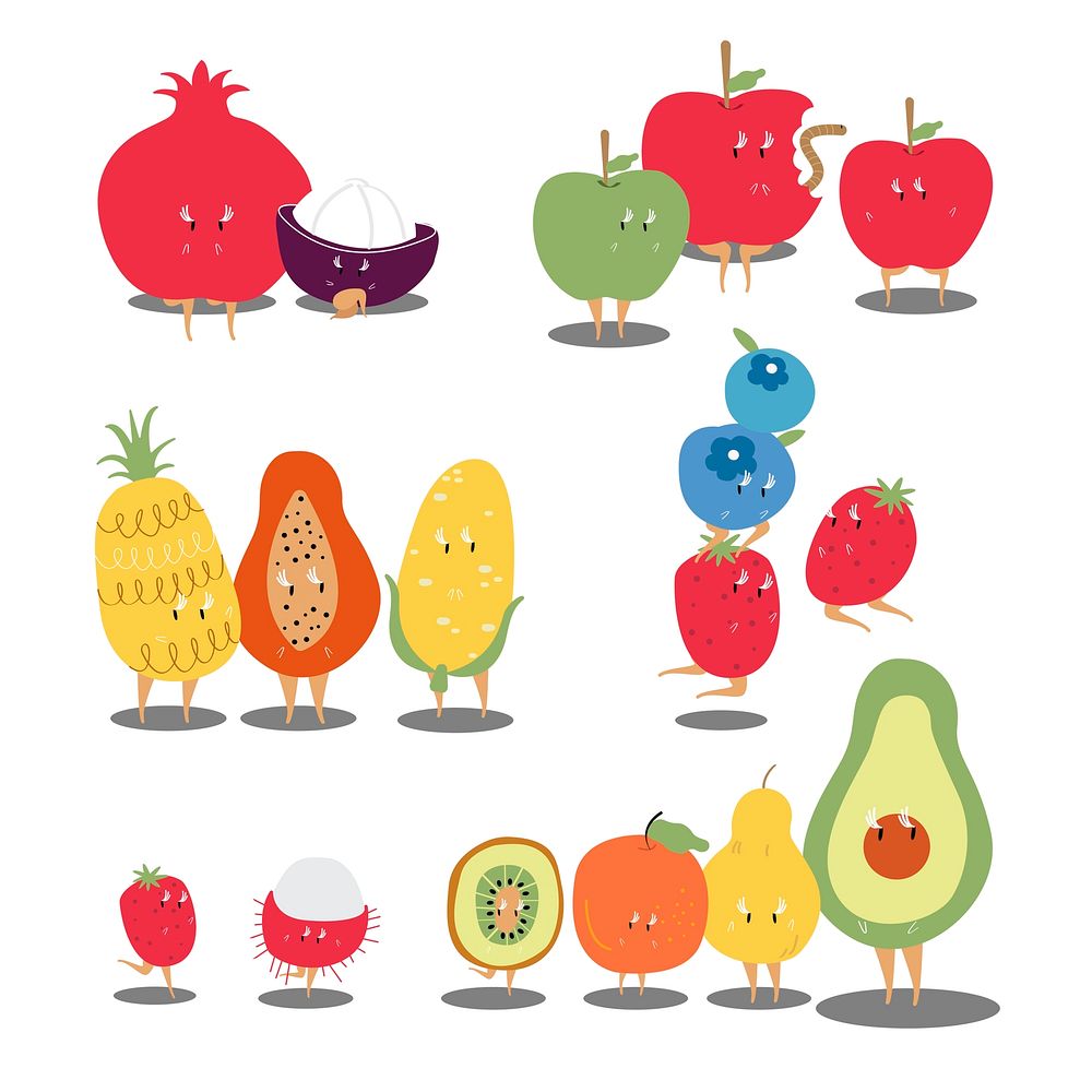 Tropical fruit cartoon characters vector set