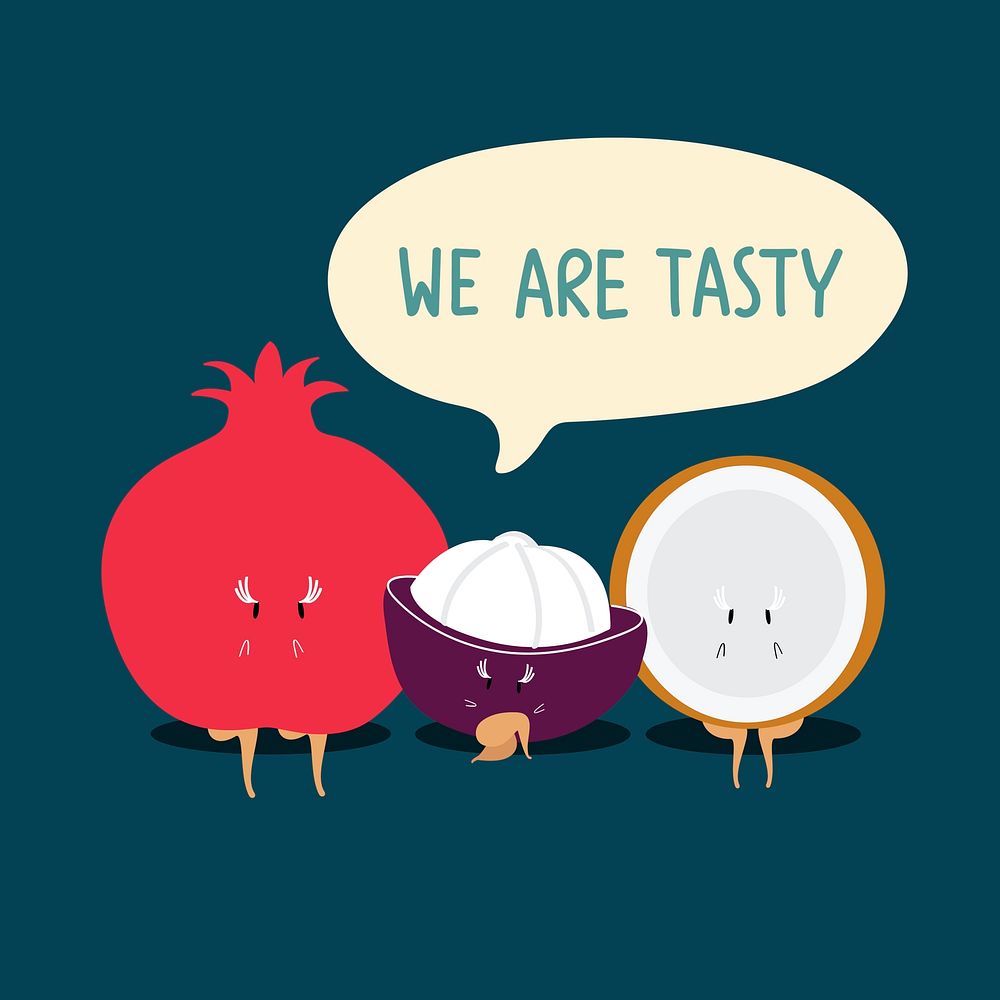 Tropical fruits saying we are tasty cartoon character vector