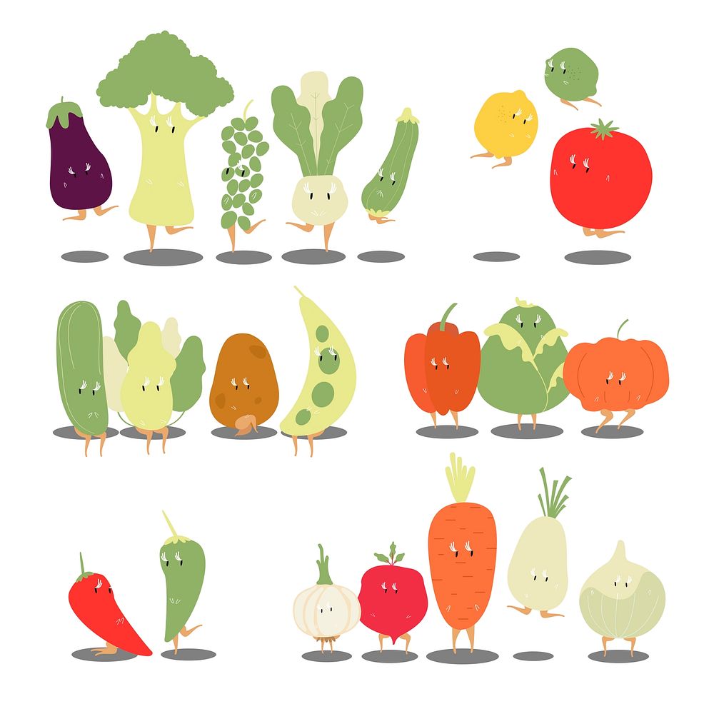 Various organic vegetable cartoon characters vector set