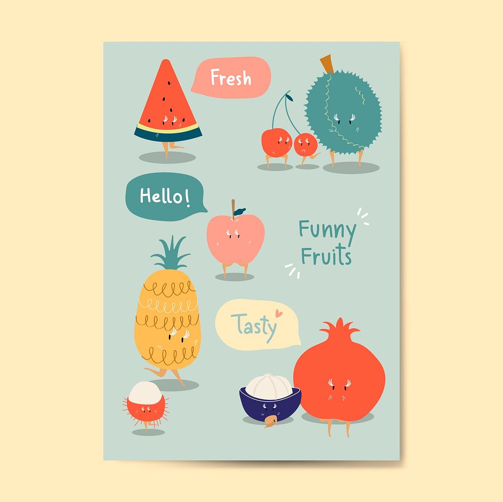 Funny fruit cartoon stickers vector set