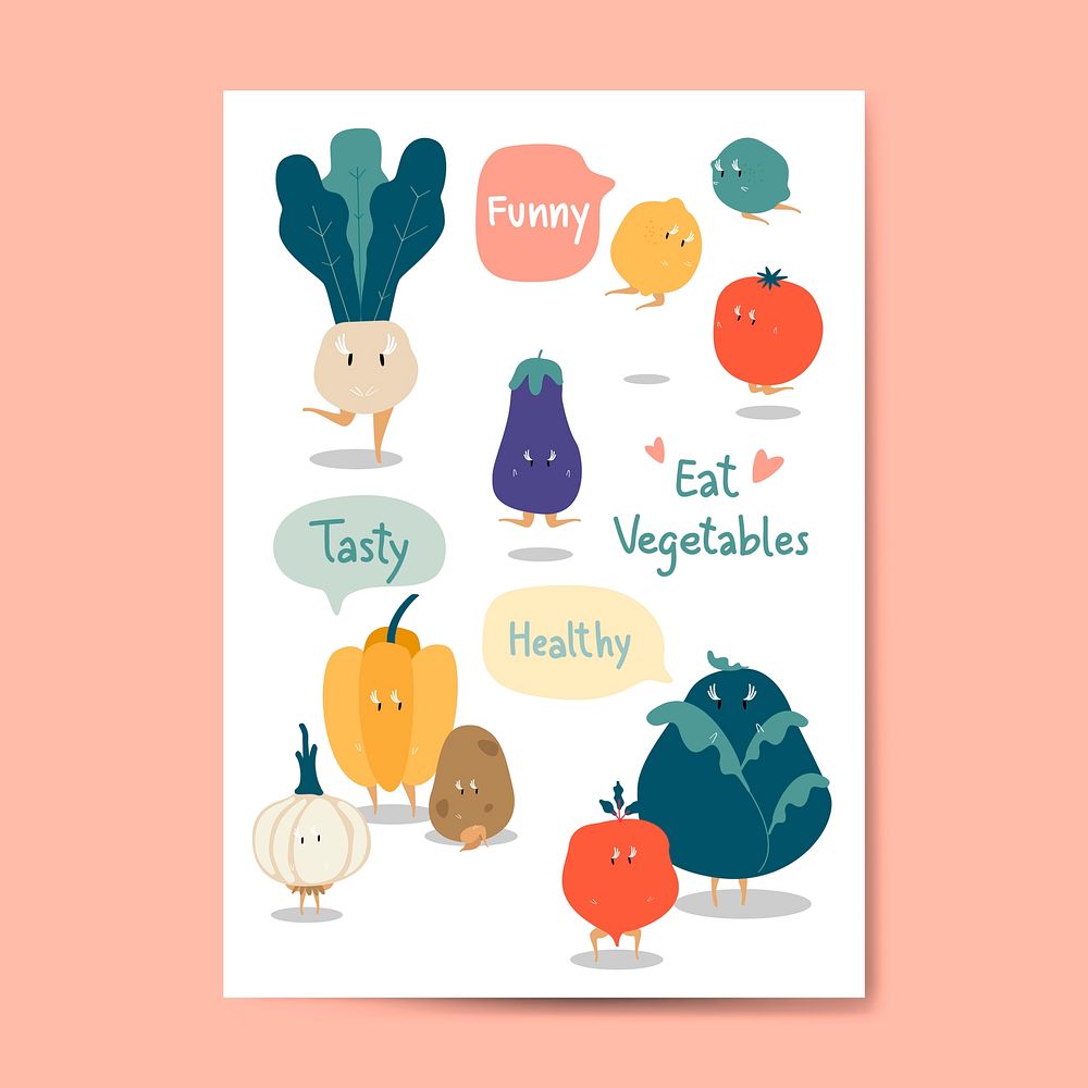 Eat vegetables cartoon stickers vector set