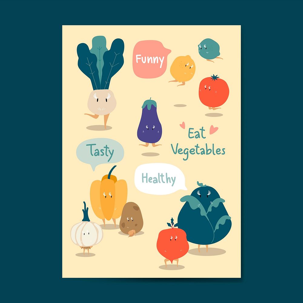 Eat vegetables cartoon stickers vector set