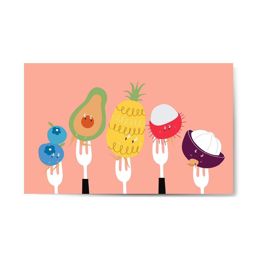 Fresh tropical fruit cartoons on forks vector