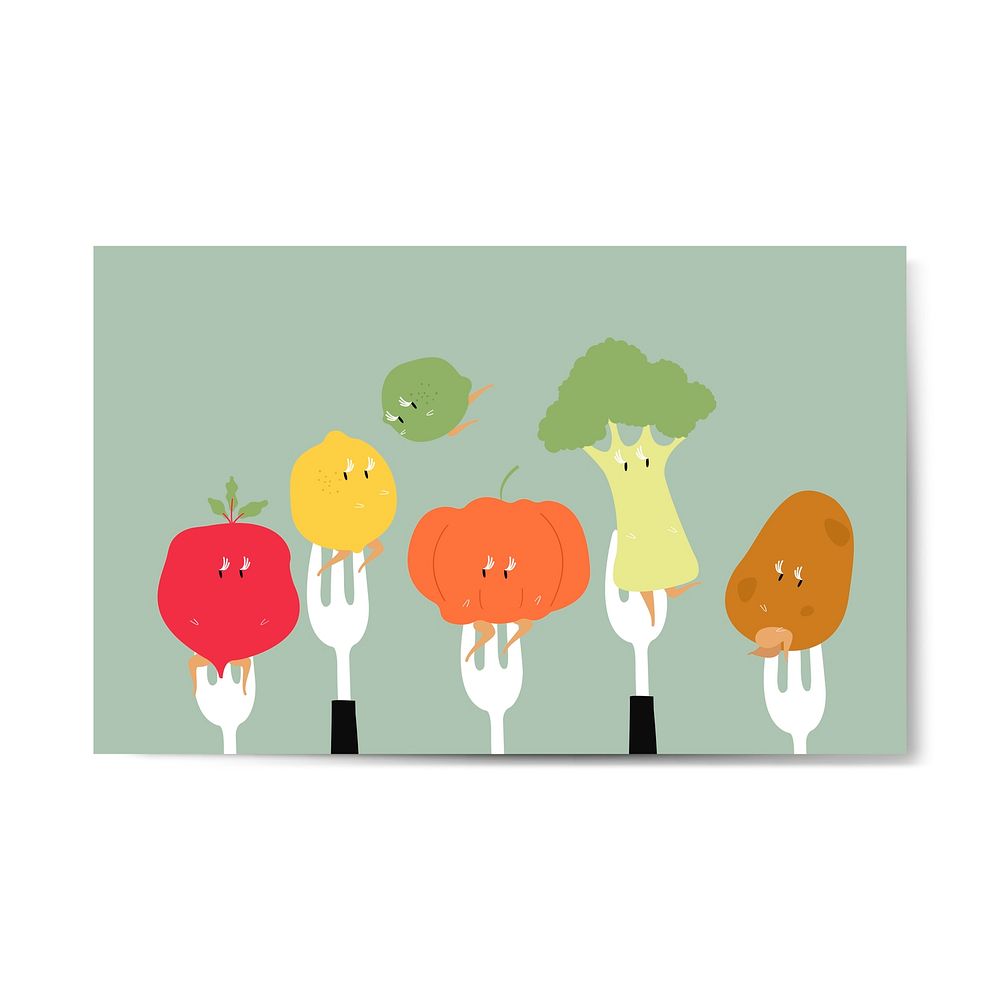 Fresh organic vegetable cartoons on forks