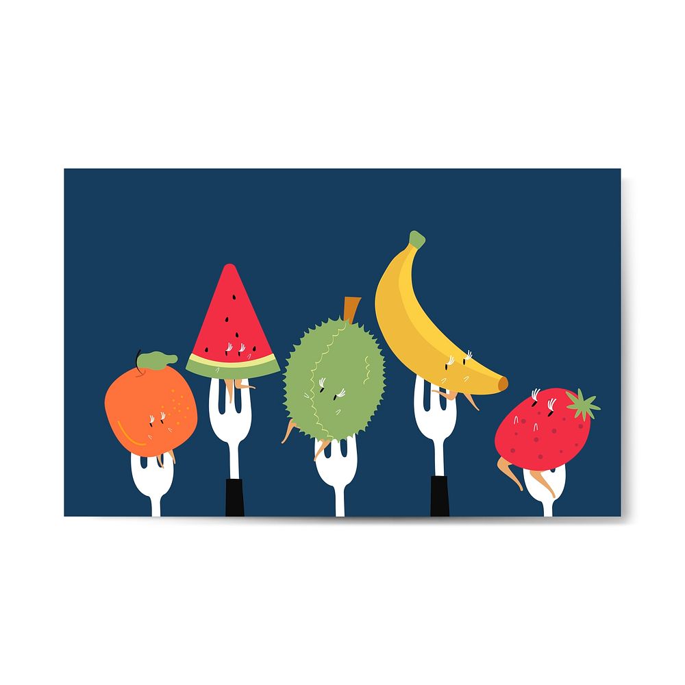 Fresh tropical fruit cartoon characters on forks vector