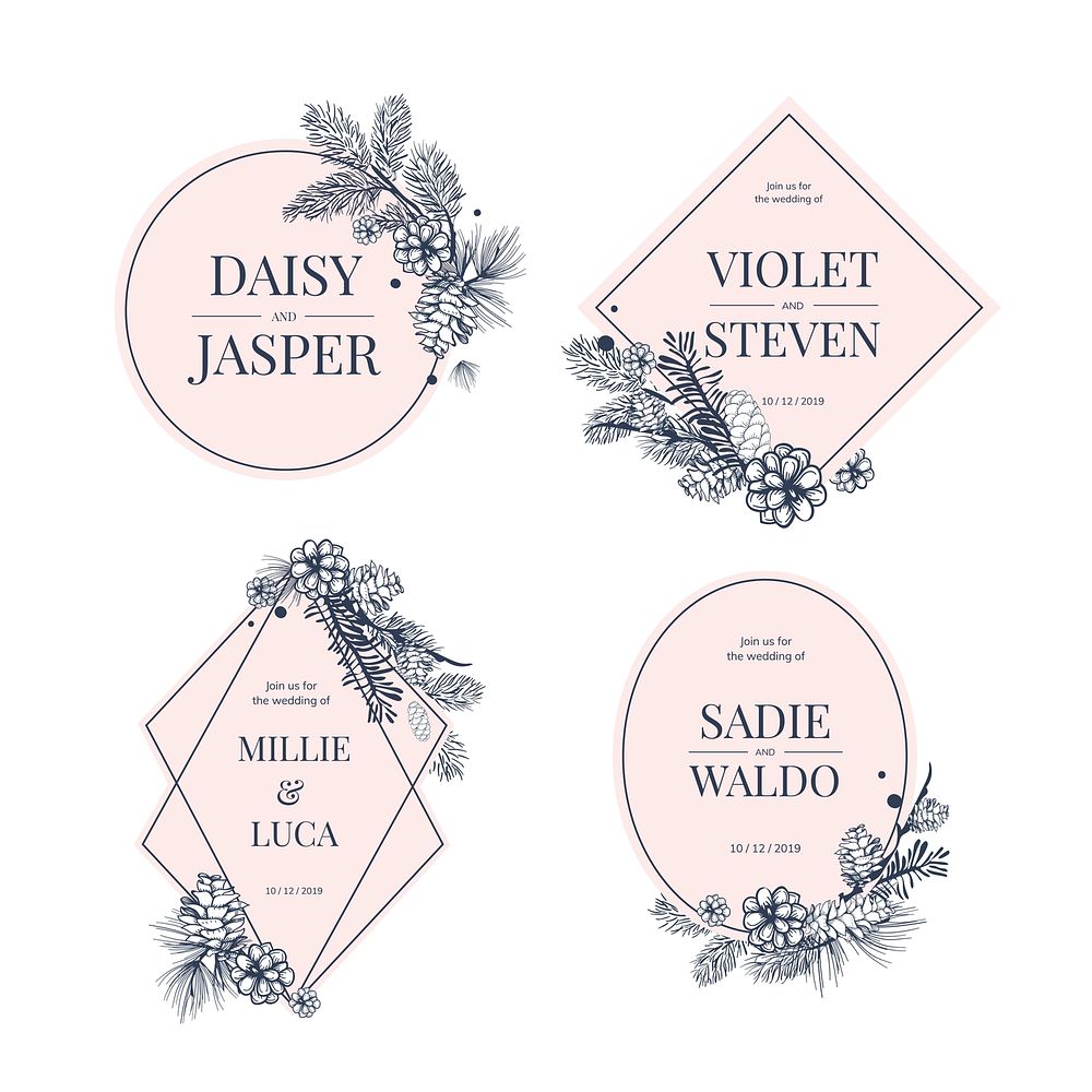 Set of floral framed wedding invitation vector