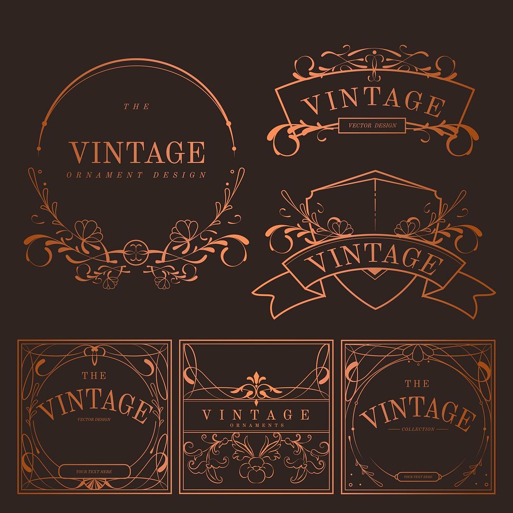 Set of vintage bronze art nouveau badges vector