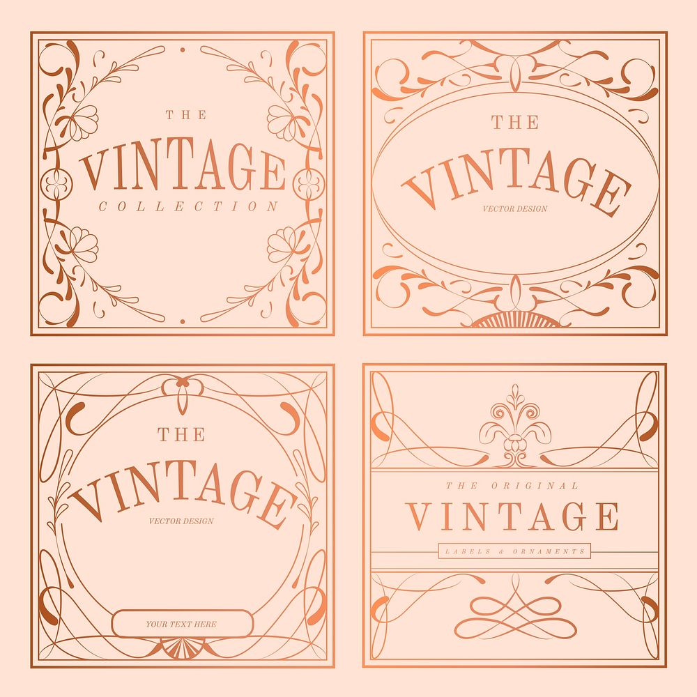 Vintage rose gold art nouveau badge vector set