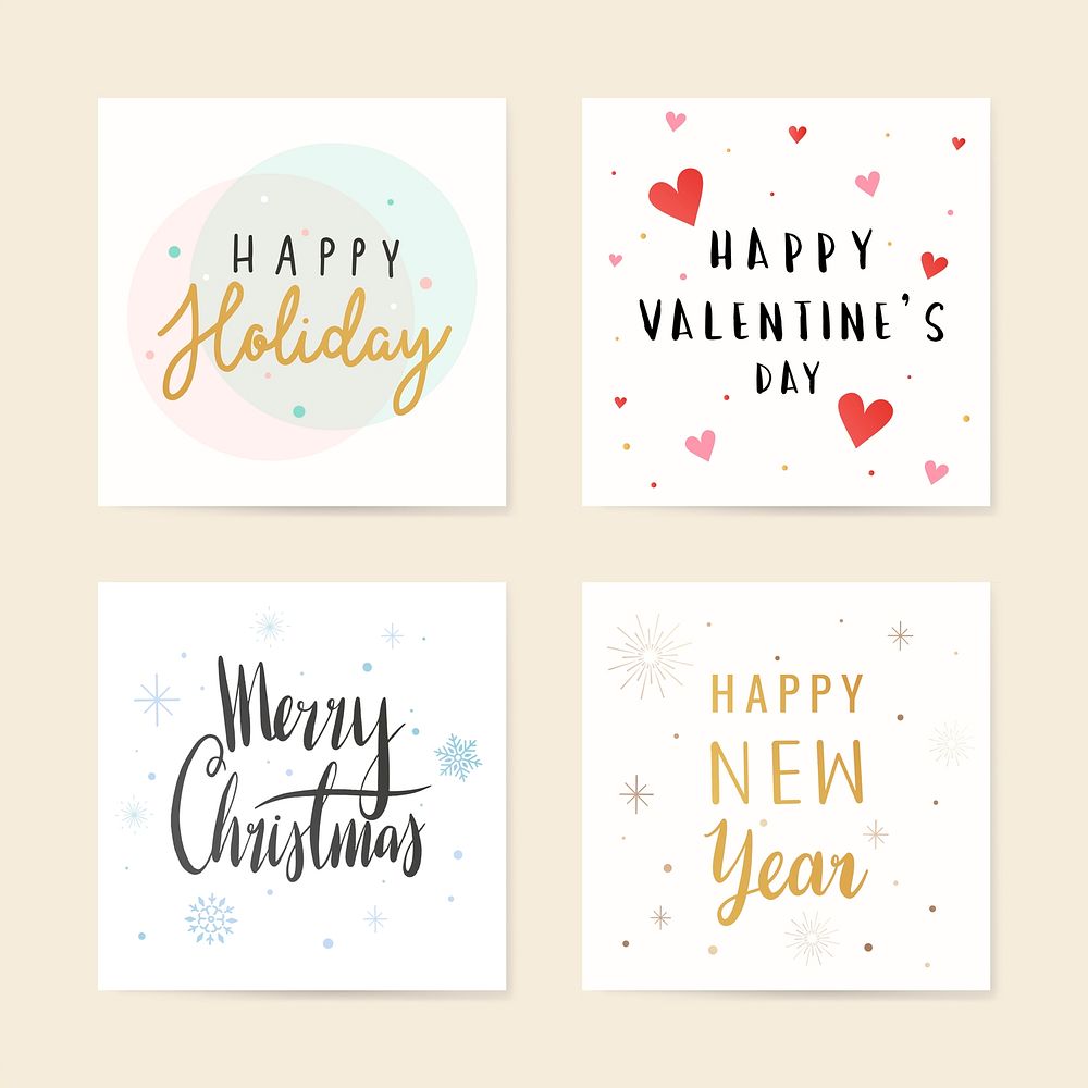 Festive seasonal cards with typography vectors