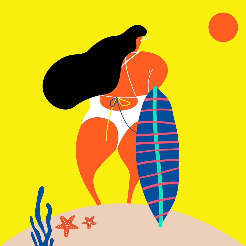 Female character with a surfboard in summertime vector