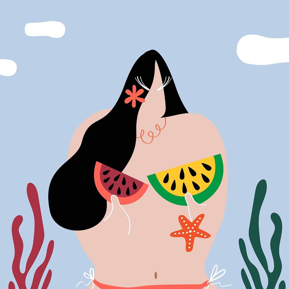 Woman with watermelons at the beach vector