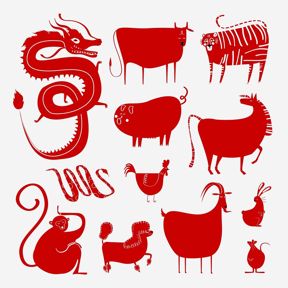 Traditional Chinese zodiac signs vector cute animal illustration collection