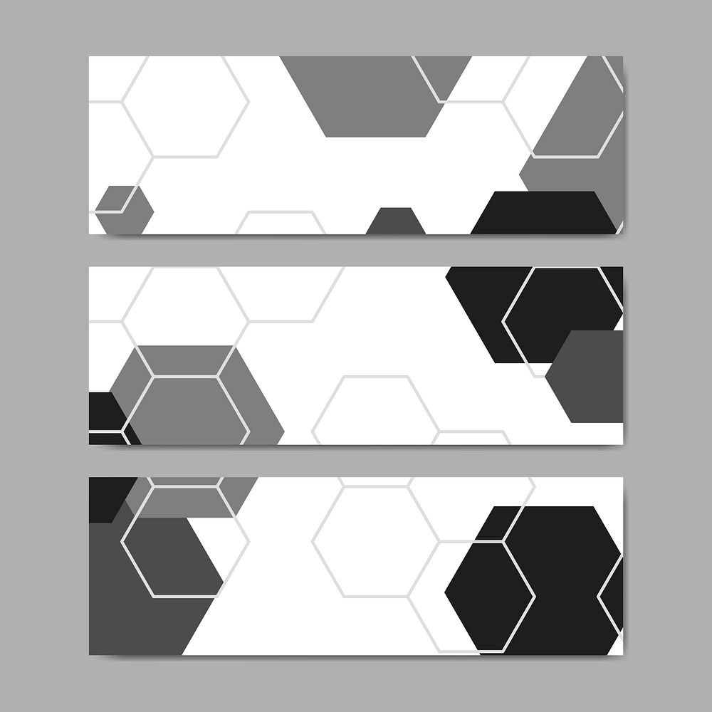 Black and white hexagon geometric pattern banner vectors set