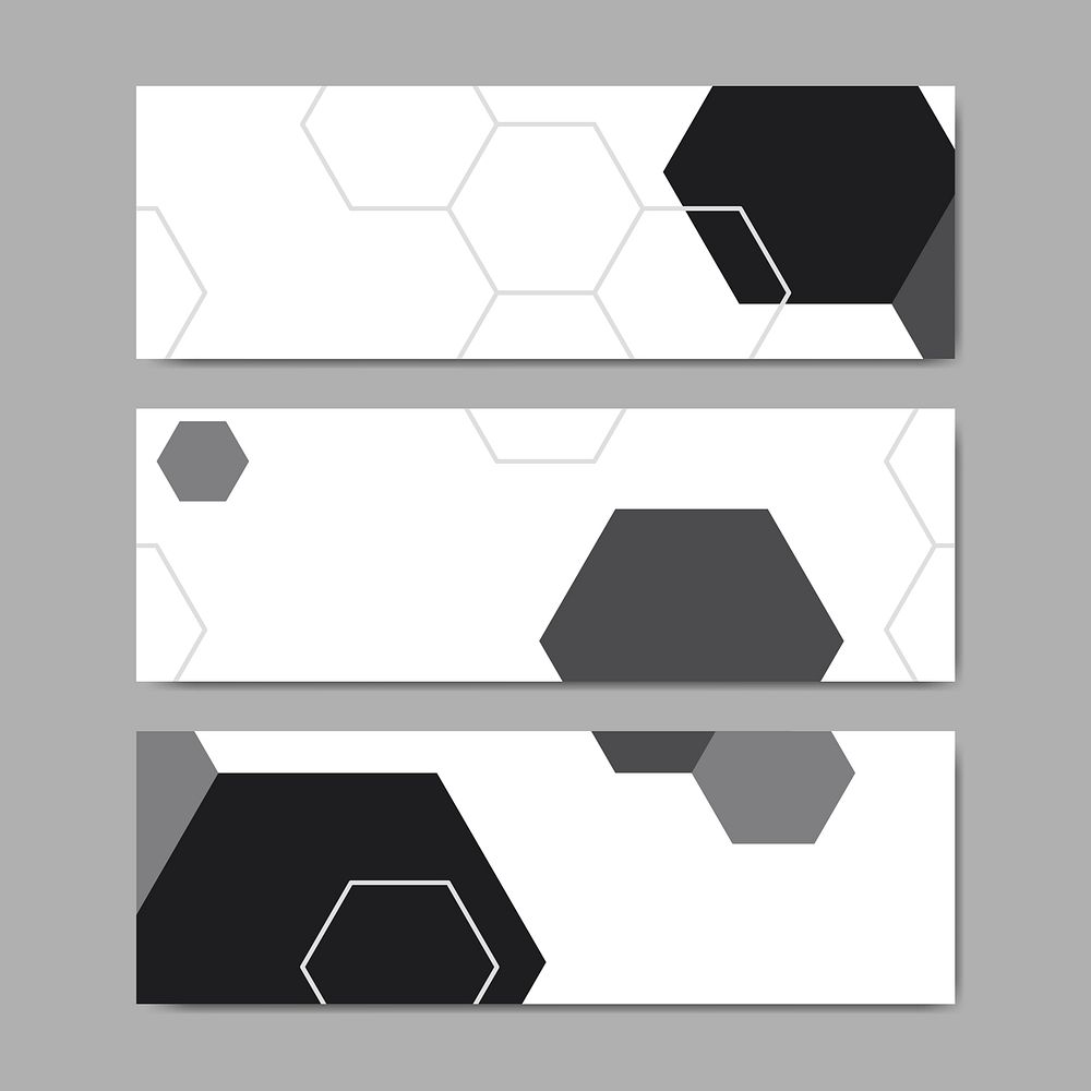 Black and white hexagon geometric pattern banner vectors set