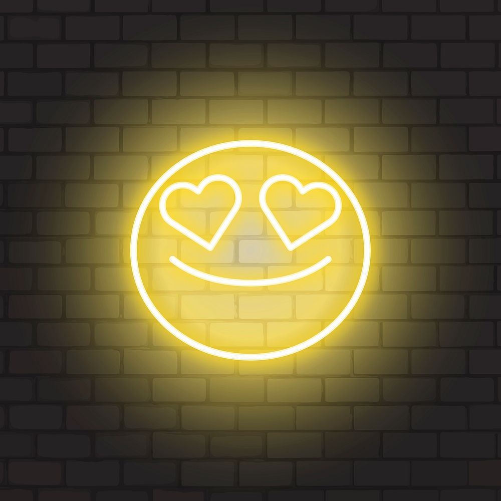 Yellow neon smiley face with heart eyes vector