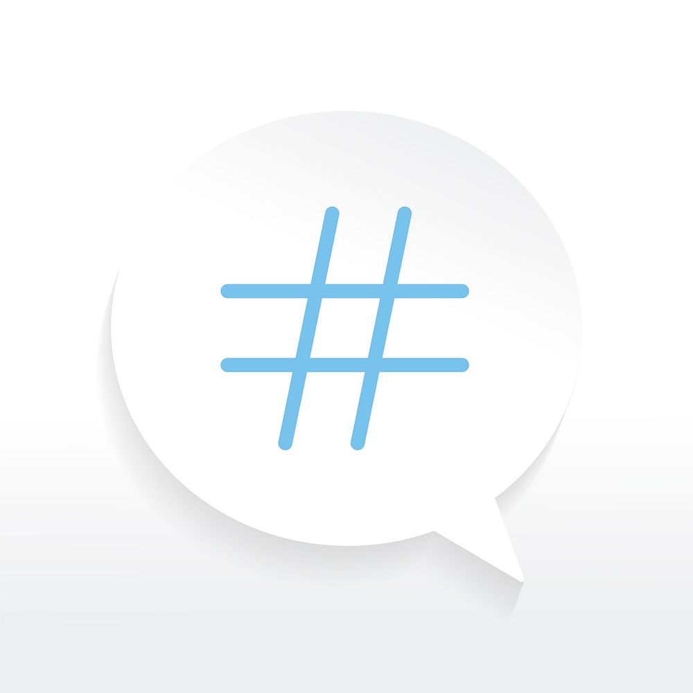 Blue hashtag icon in a white speech bubble vector