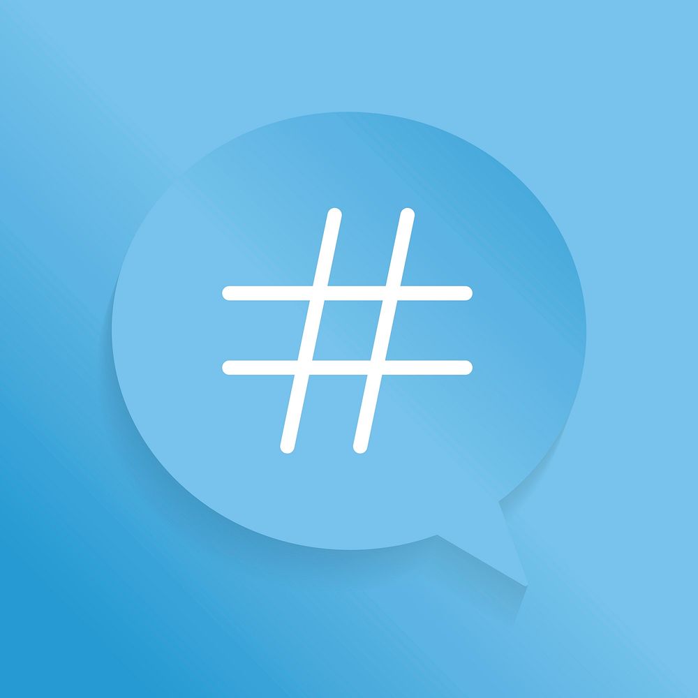 White hashtag icon in a blue speech bubble vector